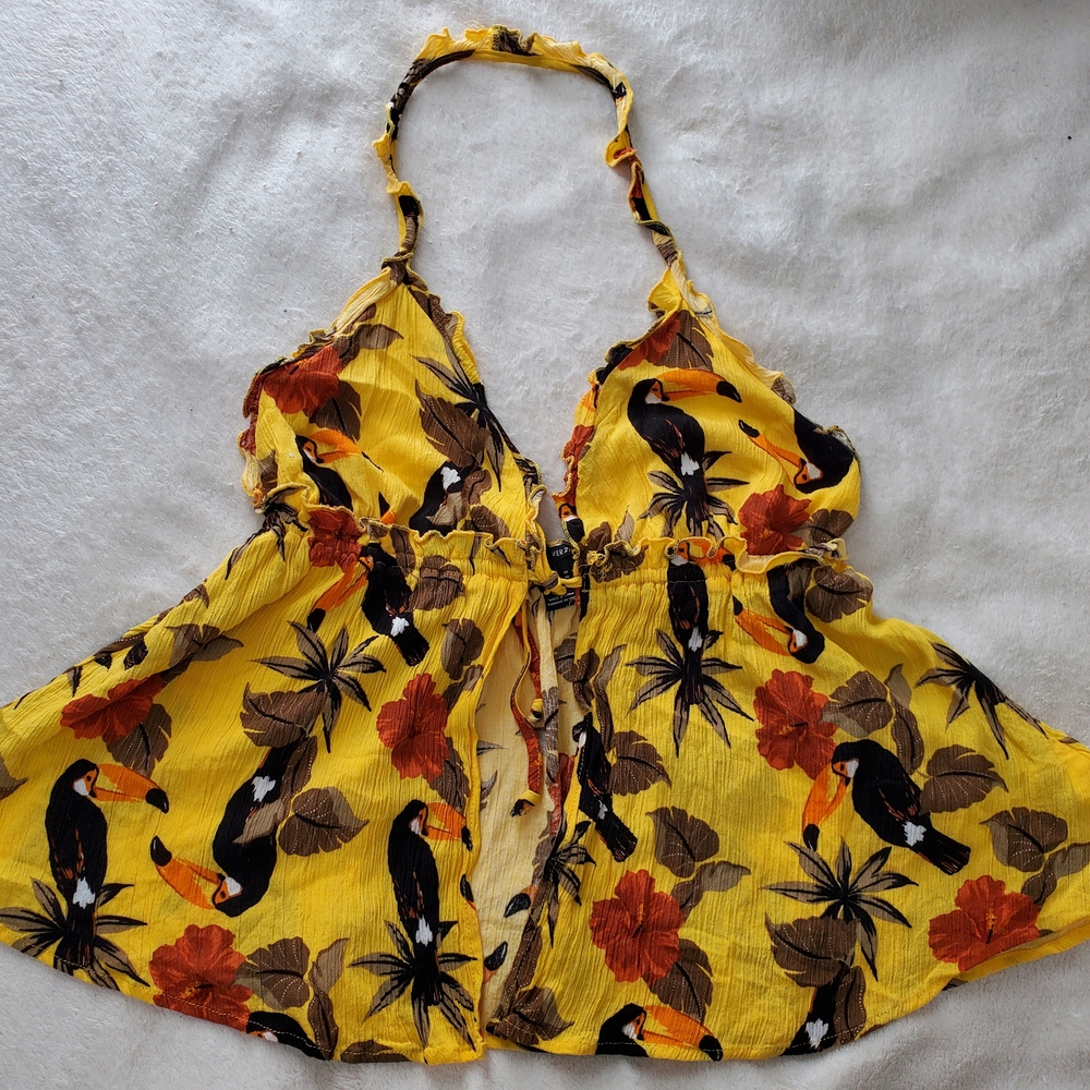 Forever 21 Yellow Floral Tie Front Halter Tank Top